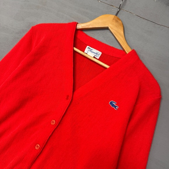 Vintage 80s Haymaker Lacoste Cardigan Sweater Red Vintage V-Neck Acrylic Large - Picture 2 of 8
